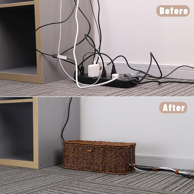 BROWNLILY Rattan Wire Storage Box, Handmade Cord Organizer for Desk Cord Hider Outlet Covers Baby Proofing for Power Strip TV PC Router Charger Under Desk Cable Management Box