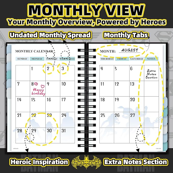 Hardcover Spiral Notebook Journal with 12 Dividers Tabs Weekly&Monthly Planner Productivity Journal Superhero Theme Leather Organizer for Work School Adults Teens and Professionals(BATM- Logo)