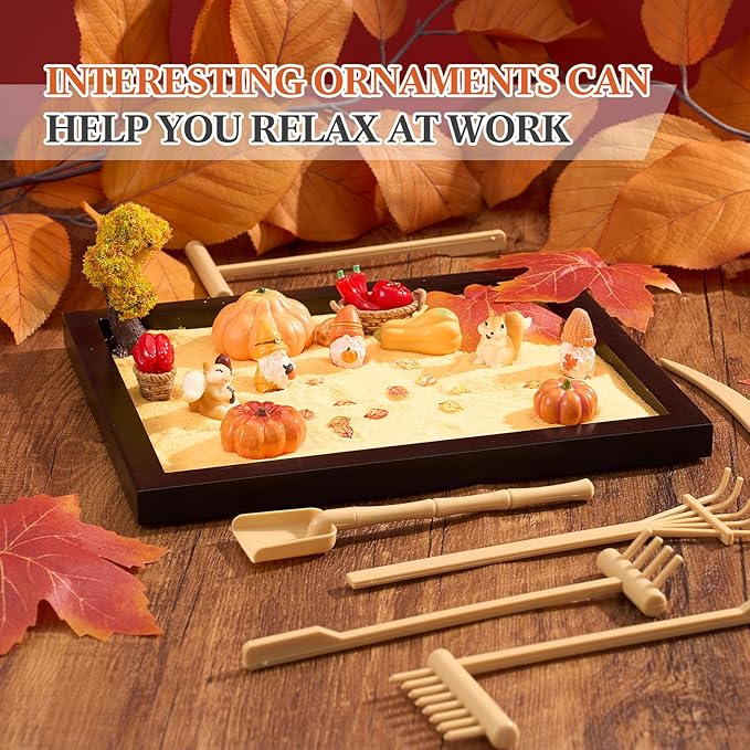 Soulchen Zen Garden Kit for Desk Decor Zen Sand Garden Box Set with Black Wooden Tray, Blue Sand, Tools & Accessories Japanese Gifts for Desktop Meditation Room Office Home (Fall)