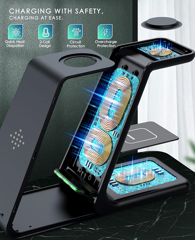 3 in 1 Wireless Charging Station, 2025 Upgraded Fast Desk Charger Station for iPhone 16 15 14 13 12 Pro Max Plus, Charger Stand for Apple Watch 10 9 8 7 6 5 4 3 2 SE, Airpods 4 3 2 Pro(Black)