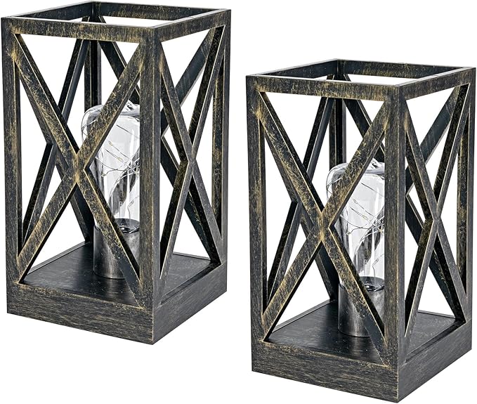 WINGBO 2 Pack Retro Battery Powered Table Lamps, Battery Operated Cordless Lamp Set, Portable Nightlight Decorative Light for Living Room Dining Room Bedroom Entryway Patio, Black & Gold Finish