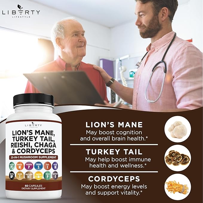 Lions Mane Mushroom Supplement with Turkey Tail Reishi Cordyceps Chaga with Marshmallow Root - 3-Pack