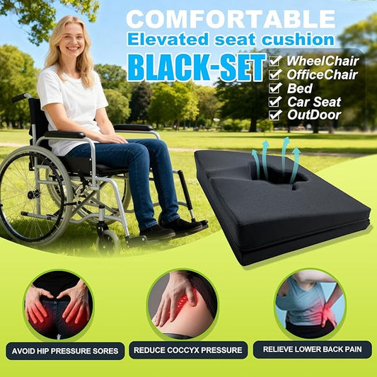 Gel Wheelchair Seat Cushion,Bed Sore Cushions for Butt,Relieve Sciatica,Coccyx,Pressure Sore and Ulcer Pain Relief Pillow,Cushion for Office Chairs,Removable&Washable Cover.(Elevated Set Black)