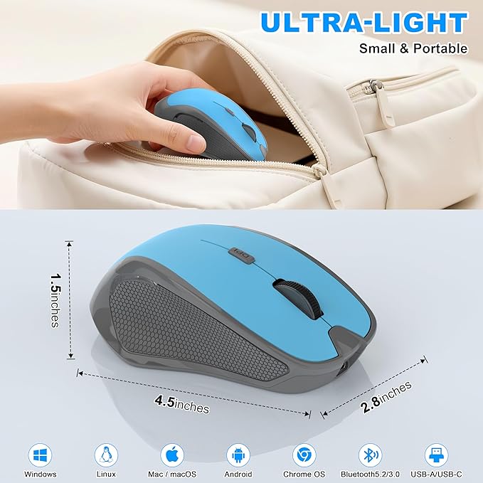 Bluetooth Wireless Computer Mouse, 2.4G Rechargeable Small Ergonomic Optical Mouse Jiggler for Office/Home with Forward/Back Buttons & USB-C/USB-A for Laptop, Desktop, PC, Mac, MacBook - Blue