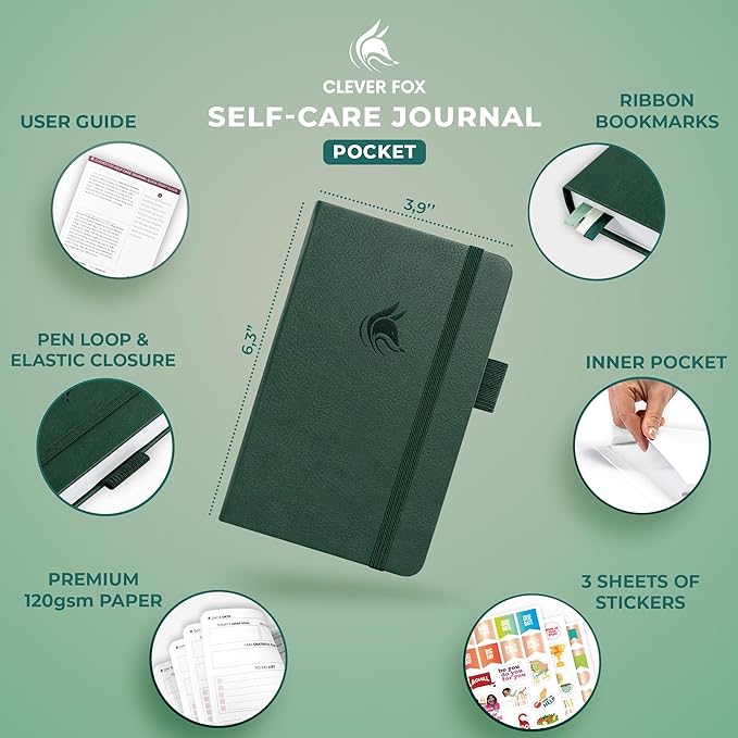 Clever Fox Self-Care Journal Pocket – Daily Reflection Notebook – Mental Health & Personal Development Planner, Meditation & Mood Log (Forest Green)