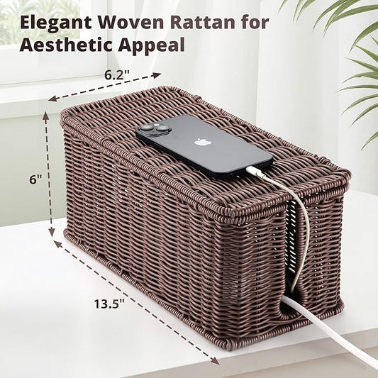 Large Cable Management Box, Handwoven Imitation Rattan Cord Organizer Cord Hider Box, Desk Cord Management Box to Hide Cords and Power Strips, Dark Brown