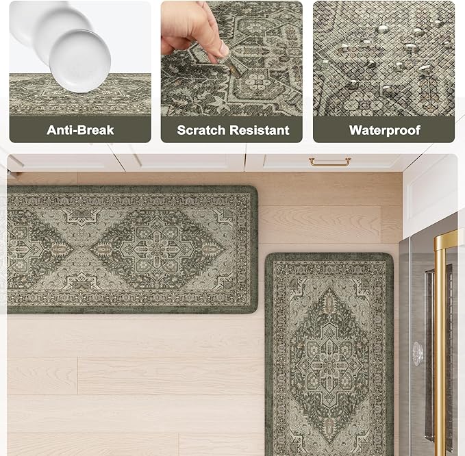 KIMODE Kitchen Mats Cushioned Anti Fatigue, Boho Distressed Kitchen Rugs Sets of 2, Non Slip Kitchen Floor Mat, Comfort Standing Mat for Laundry, Office, Sink, Desk Dark Green 17"x59"+17"x29"