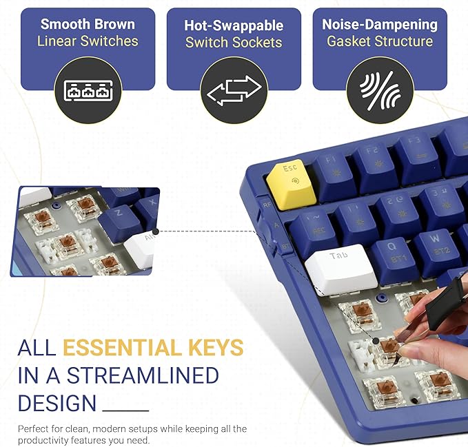 Qisan Wireless/Wired Mechanical Keyboard, Triple Mode 2.4G/USB-C/BT Wireless Gaming Keyboard, 100 Keys (98%) US Layout Brown Switch Rechargeable Ice Blue Backlit Keyboards | Blue & Yellow & White