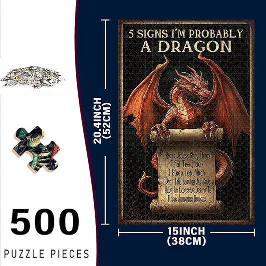 500 Piece Wooden Puzzle Dragon Tin Plaque 5 Signs I'm Probably A Dragon Quick Play Focus Tool for Adults Kids Quiet Play Therapy 20.4x15 Inch