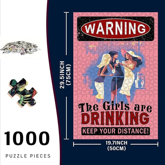 1000 Piece Wooden Puzzle Warning Girls Drinking Adult Challenge for Focus & Stress Relief 29.5x19.7 Inch