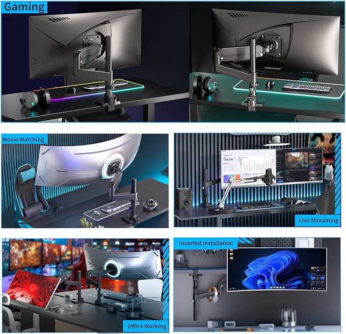 Monitor Arm for 17 to 60 inch, Hold 44 lbs, Fully Adjustable Heavy Duty Desk Mount, Monitor Stand Fit 57 55 49", Ultrawide Monitors Bracket Clamp/Grommet Base VESA 75x75/100x100, Black,H9B