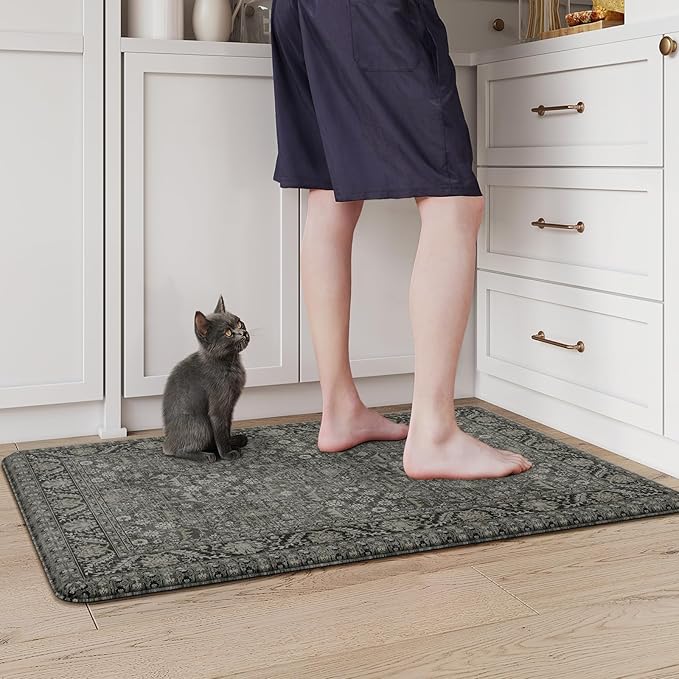 KIMODE Anti Fatigue Kitchen Mat, 20"x32" Cushioned Kitchen Rug, Non Slip Waterproof Kitchen Floor Mat, Boho Comfort Standing Mat for Laundry Office Sink Desk Green/Grey