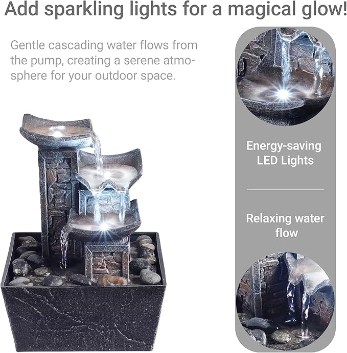 Tabletop Fountain Indoor Waterfall – 3-Tier Black Zen Decor with Pebble Base, White LED Light, Water Pump & On/Off Switch – Desktop Feng Shui Relaxation Gift for Home or Office (21110B)