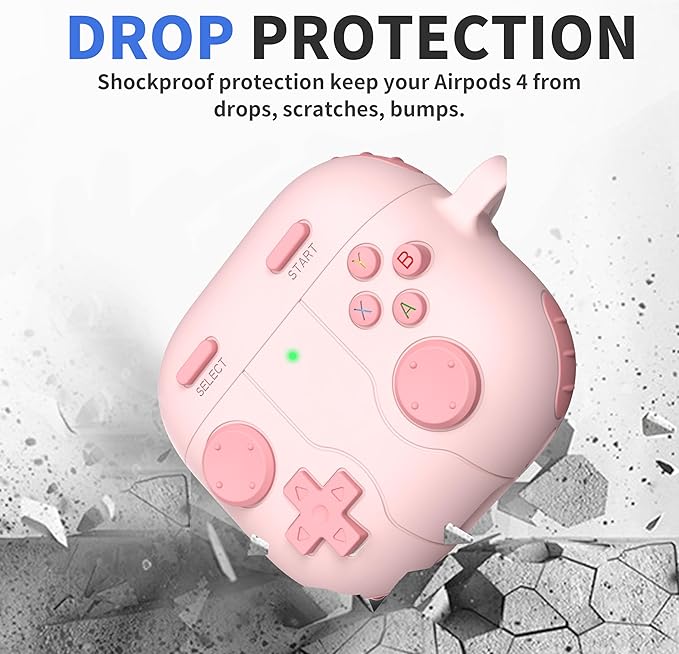 DamonLight Game Case for AirPods 4 Cover Shock-Proof Protective Silicone Case with Cleaning Pen and Keychain Accessories for Apple Airpods 4th Generation (Pink)