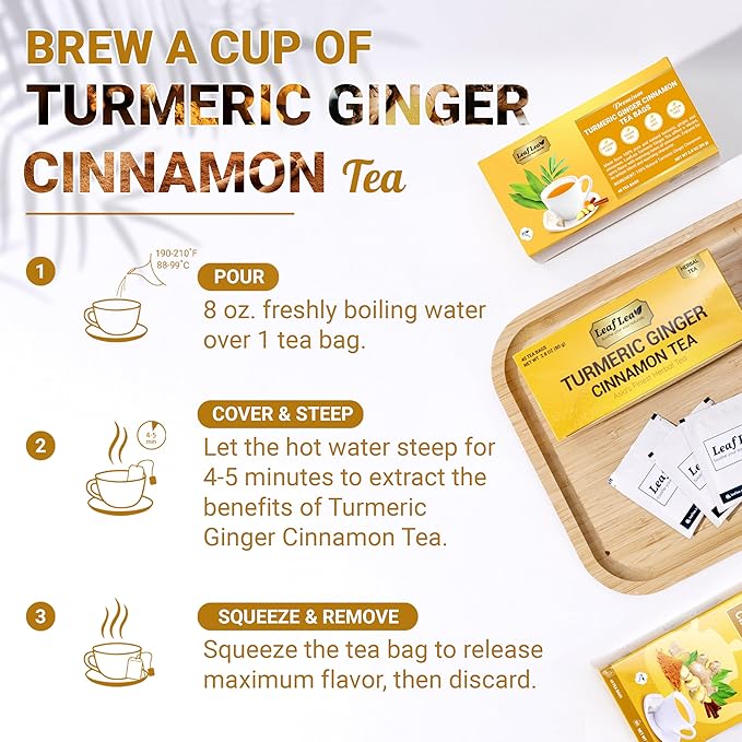 LeafLea Turmeric Ginger Cinnamon Tea, 120 Individually Wrapped Tea Bags, 100% Natural Herbal Blend with Pure Ginger and Turmeric, Supports Digestion & Immune Health, Caffeine-Free, No Sugar