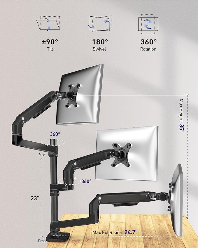 Triple Monitor Mount, Holds Screens up to 40 Inches and 25 lbs, Fully Adjustable 3 Monitor Desk Mount with C-Clamp and Grommet Base, Aluminum, Black