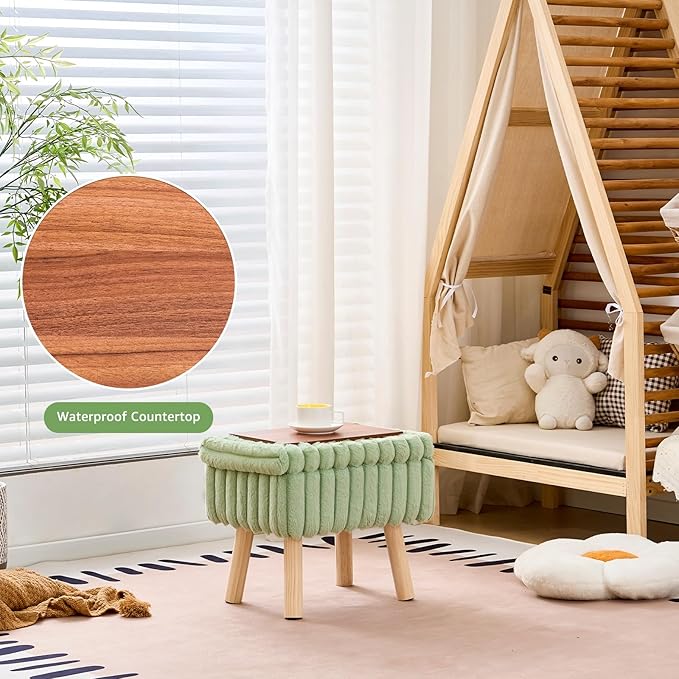 Wimarsbon Storage Ottoman,Soft Faux fur Footstool with Padded Seat, Small Reading Vanity Chair, Footrest with Wood Tray for Couch, Mini Coffee Table or Display Stand (Light Green, Rectangular Storage)