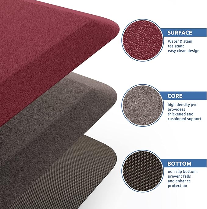 KitchenClouds Kitchen Mat Cushioned Anti Fatigue Kitchen Rug 17.3"x60" Waterproof Non Slip Kitchen Rugs and Mats Standing Desk Mat Comfort Floor Mats for Kitchen House Sink Office (Red)