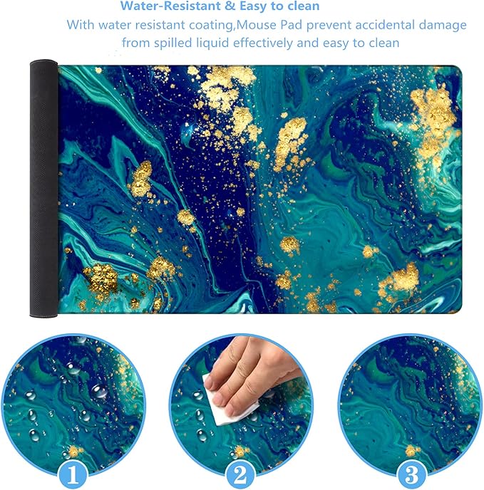 iCasso Extended Gaming Mouse Pad (35.4x15.7 in), Large Non-Slip Rubber Base Mousepad with Stitched Edges, Waterproof Keyboard Mouse Mat Desk Pad for Work, Game, Office, Home - Blue Marble - XXL