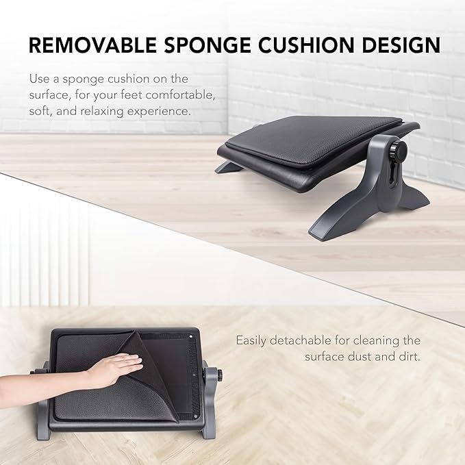 EHO Ottoman, Ergonomic Foot Rest for Under Desk, Adjustable Height and Angle, Sponge Platform, Anti-Slip, Ankle Support, Detachable Washable Cushion, Back and Leg Pain Relief, 21.6" L x 11.4" W, Black