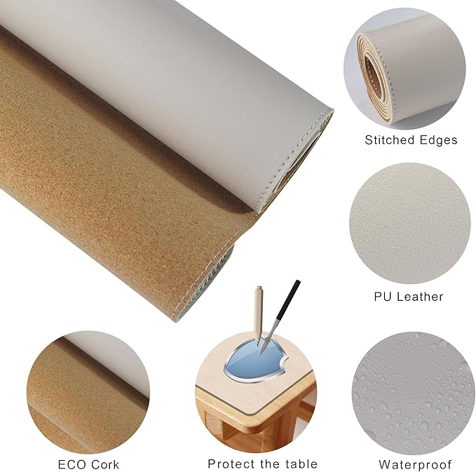 MAIDERN 59”x 27.5” Leather Desk Pad, Large Desk Mat, Cork & Leather Large Mouse pad for Desk, Waterproof Computer Desk Pad for Gaming Home Office (Cream)