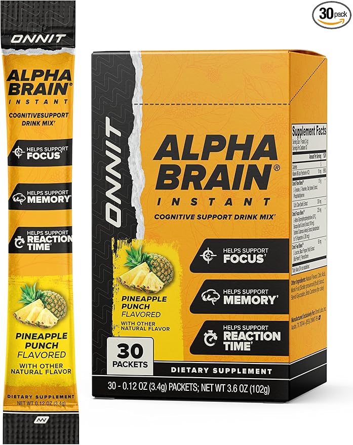 ONNIT Alpha Brain Instant - Pineapple Punch Flavor - Nootropic Brain Booster Memory Supplement - Brain Support for Focus, Energy & Clarity - Alpha GPC Choline, Cats Claw, L-Theanine, Bacopa - 30ct