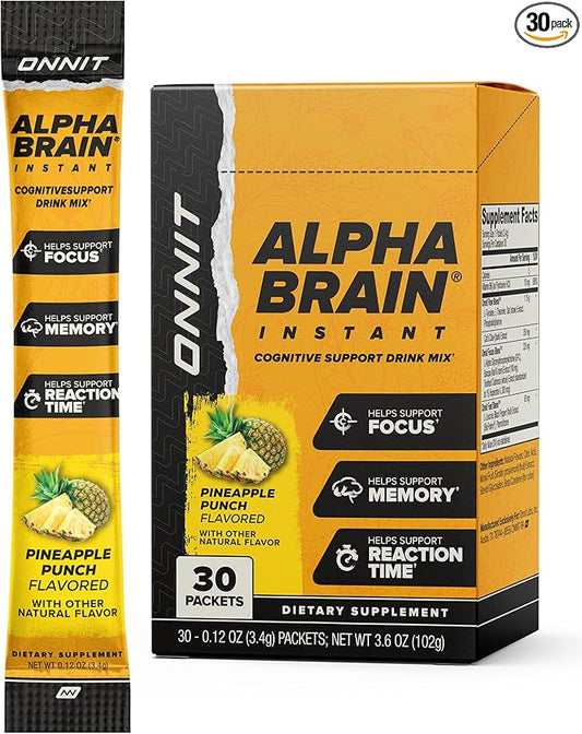 ONNIT Alpha Brain Instant - Pineapple Punch Flavor - Nootropic Brain Booster Memory Supplement - Brain Support for Focus, Energy & Clarity - Alpha GPC Choline, Cats Claw, L-Theanine, Bacopa - 30ct