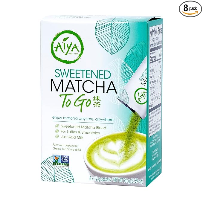Aiya Japanese Sweetened Matcha Powder to Go Sticks - Ceremonial Grade, Vegan-Friendly, Gluten-Free - 8 Individually Packed Single-Serving Sticks for Freshness and Convenience