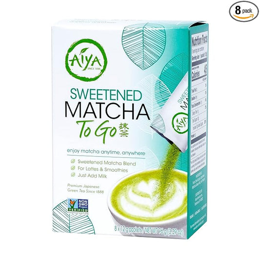 Aiya Japanese Sweetened Matcha Powder to Go Sticks - Ceremonial Grade, Vegan-Friendly, Gluten-Free - 8 Individually Packed Single-Serving Sticks for Freshness and Convenience