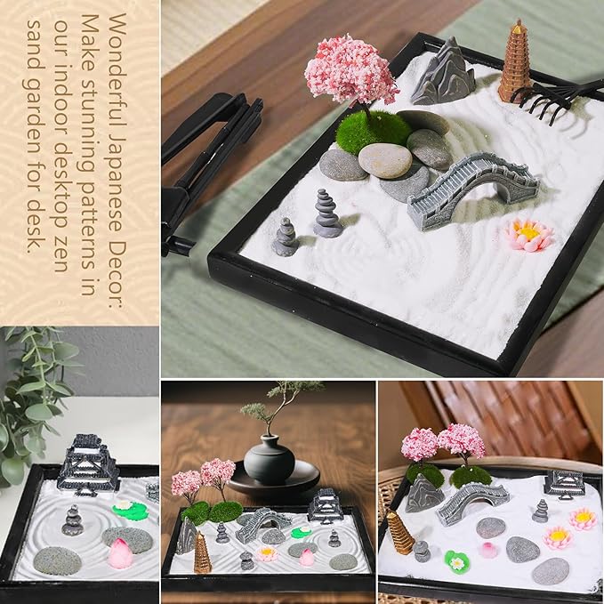 Bbiamsleep Zen Garden Kit for Desk, 9.8 x 7 Inch Mini Zen Sand Garden with 6 Tools, 27 Accessories for Home Office Desktop Japanese Decor