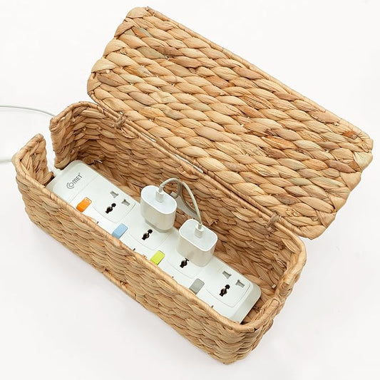 Cable Management Box, Water Hyacinth Organizer Box, Durable Rattan Cable Organizer, with 2 Open Slots for Home Office Desk Computer TV Wires USB Hub Power Strip, Handmade Rattan Cord Organizer Box