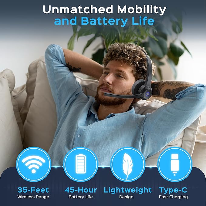 TREBLAB C7 - Single Ear Bluetooth Headset with Mic, Bluetooth 5.4, 45H Playtime, Type-C Fast Charging, IPX4 Waterproof, Wireless Headset with Mic for Trucker, Work, Calls, Home Office