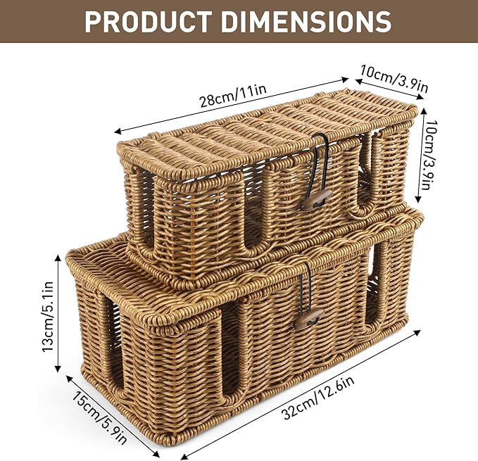 2 Pack Rattan Cable Management Box, Large Cord Organizer Box with Lid Under Desk Router Hider Storage Box with 4 Exits, Wire Box Hider for TV Wires Computer Surge Protector USB Hub Power Strip