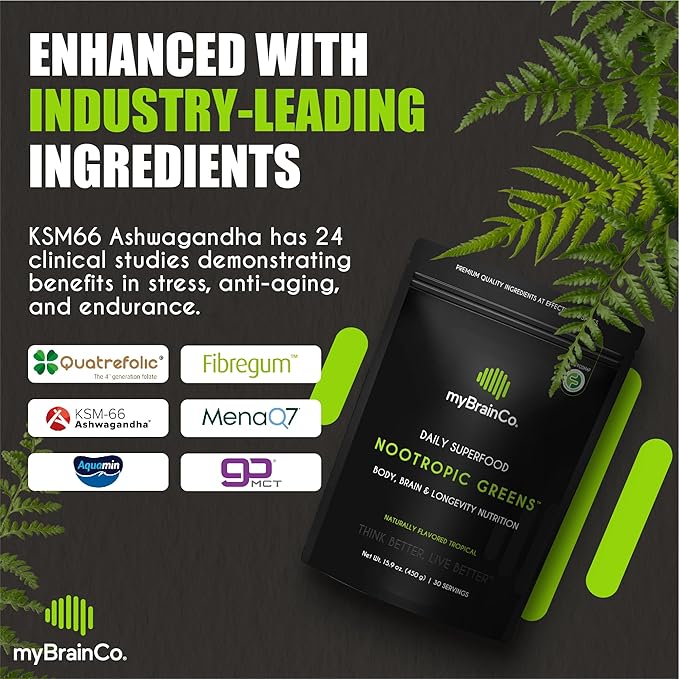 Nootropic Greens - Premium All-in-One Body, Brain & Longevity Optimization Nutrition. Organic Greens & Superfoods, Alpha-GPC, L-Theanine, Lion’s Mane, TMG, NR, NAC & More. (7.94 oz)