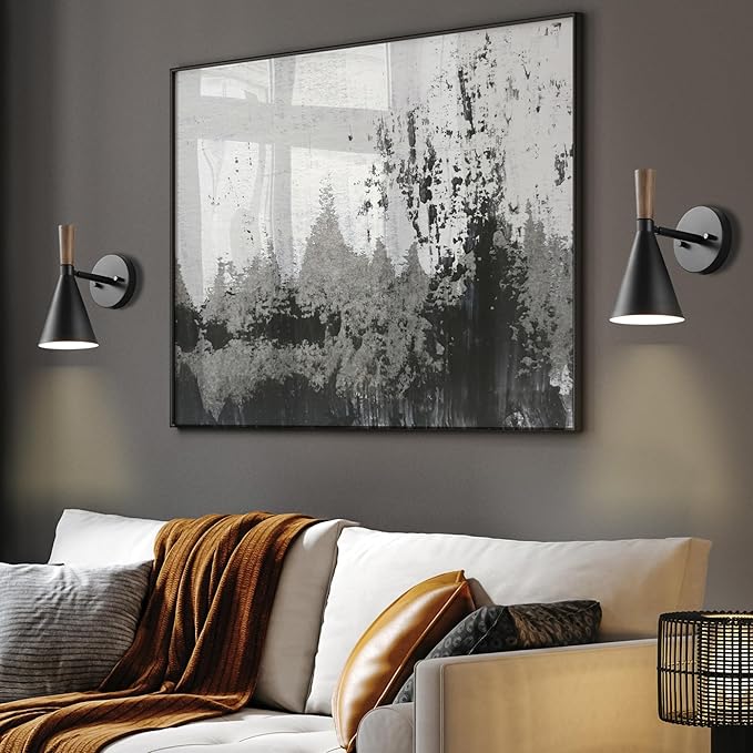 GLOBE Electric 65000101 Plug-in or Hardwire Wall Sconce, Matte Black Finish, Wood-Toned Switch, Metal Shade, 6-Foot Cord, E26 Base, Easy Installation