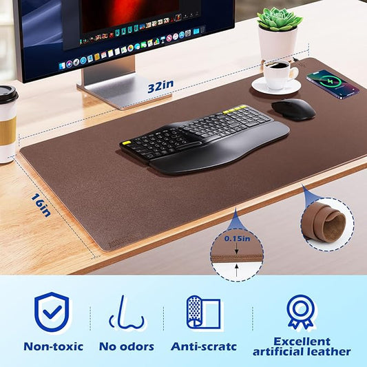 Wireless Charging Desk Mat with Desk Pad for Desktop Charging Large Mouse Pad Waterproof Leather Computer Mat Mouse Pad Non-Slip Protector on Top of Desks for Keyboard and Mouse (brown-r, 32*16inch)