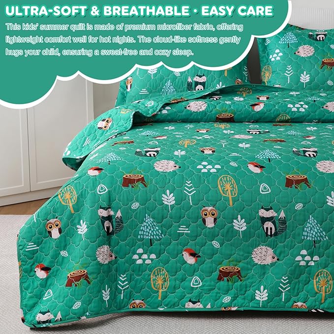 Green Forest Animals Quilt Set for Boys Queen Size Kids Bedding Sets Lightweight Summer Bedspread Soft Microfiber Breathable Bed Comforter All-Season