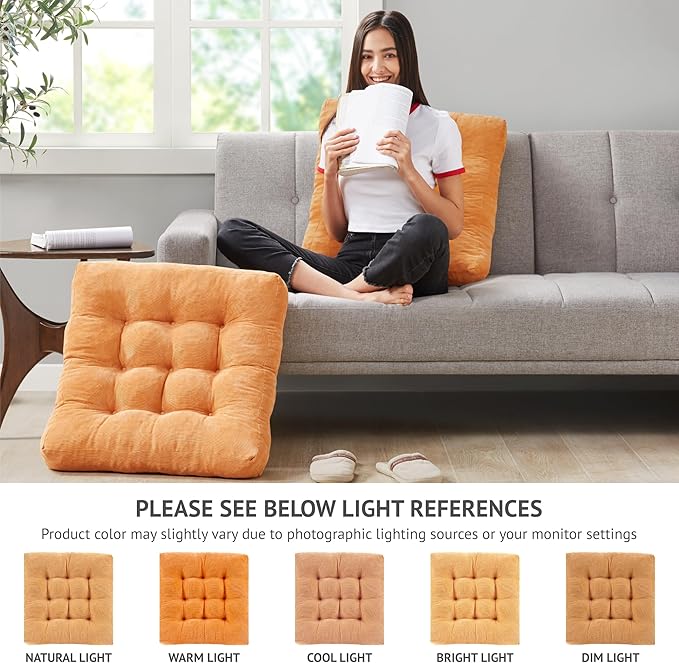 Degrees of Comfort Meditation Floor Pillow Set of 2, Square Large Pillows Seating for Adults, Tufted Corduroy Cushions for Balcony Outdoor Tatami Living Room, Orange Yellow, 22x22