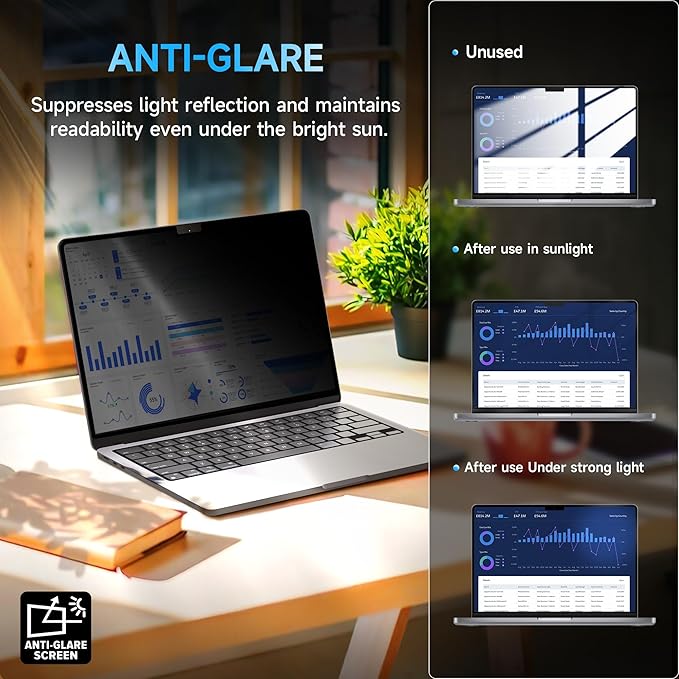 Mamol Privacy Screen for MacBook Air 13.6 Inch (2022-2025, M2,M3,M4) - A2681, A3113, MagicSuction™ Removable Vacuum Adsorption Anti Spy,Anti Glare Anti Blue Light Filter for Mac Laptop Computer