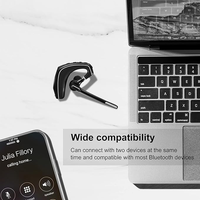 Bluetooth Headset V5.1, Wireless Headset with 500mAh Charging Case, Noise Canceling Mic for Driving and Office. (USB-A Adapter Included)