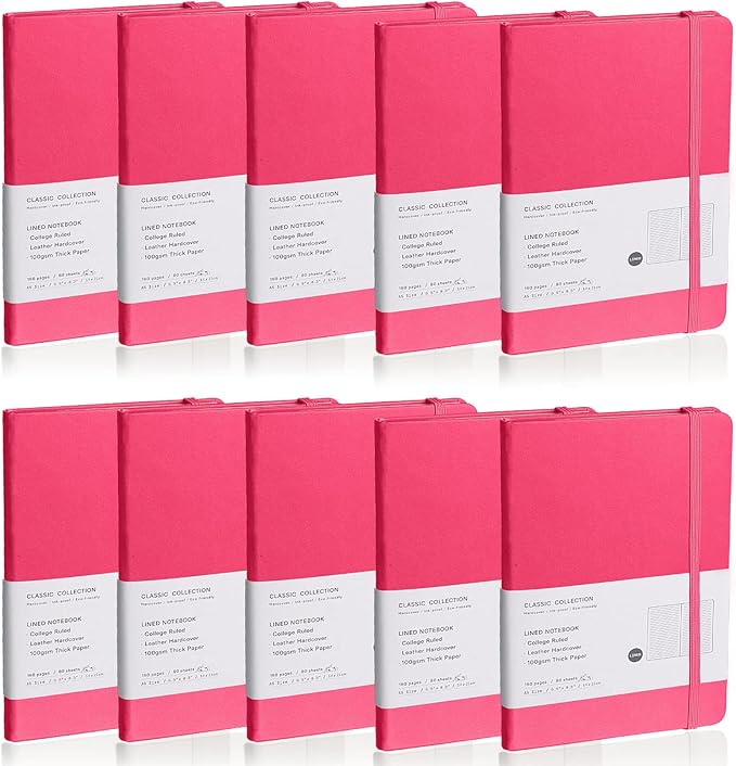 Lined Journal Notebook, 10Pack(Rose Red), 160 Pages, Medium 5.7 inches x 8 inches - 100 gsm Thick Paper, Hardcover