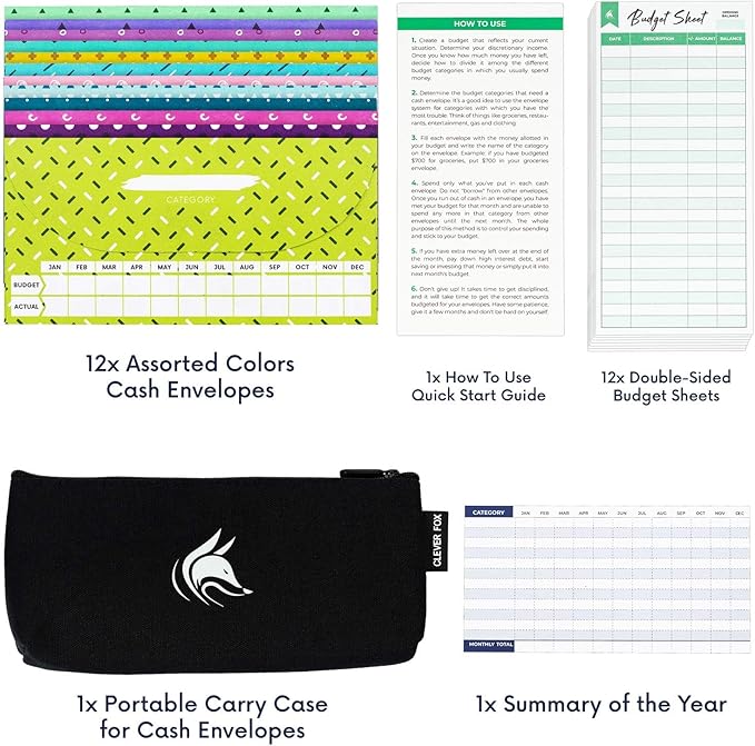 Clever Fox Cash Envelopes for Budgeting System – Budget Envelopes for Cash Budgeting and Saving, Tear and Water Resistant, Includes Carry Pouch & 12 Expense Tracking Budget Sheets, 12 Pack - Jazzy