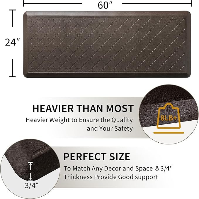 24 x 60 Inch Extra Support Anti Fatigue Comfort Kitchen Mat, Waterproof Long Kitchen Runner, Non-Slip Standing Desk Mat, Commercial Pads for Offices, Home, Garages (Barcelona Brown, 24'' x 60'')