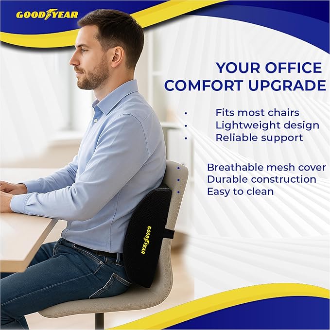 Goodyear Ergonomic Lumbar Support Pillow – Gel-Infused Cushion for Office Chairs and Car Seats, Premium Lower Back Support for Pain Relief and All-Day Comfort - Black