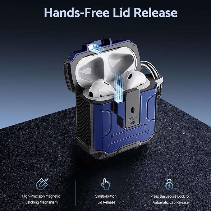 DASFOND Armor Cover AirPods 2nd & 1st Generation Case, Military Grade Full Body Shockproof Protection Hard Case, Support Wireless Charging with Keychain, Magnetic Lid, Front LED Visible, Blue