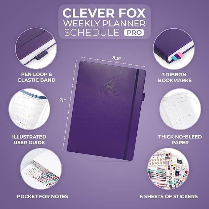 Clever Fox Planner PRO Schedule – Undated Weekly & Monthly Life Planner with Time Slots, Appointment Book & Daily Organizer, A4 (Purple)
