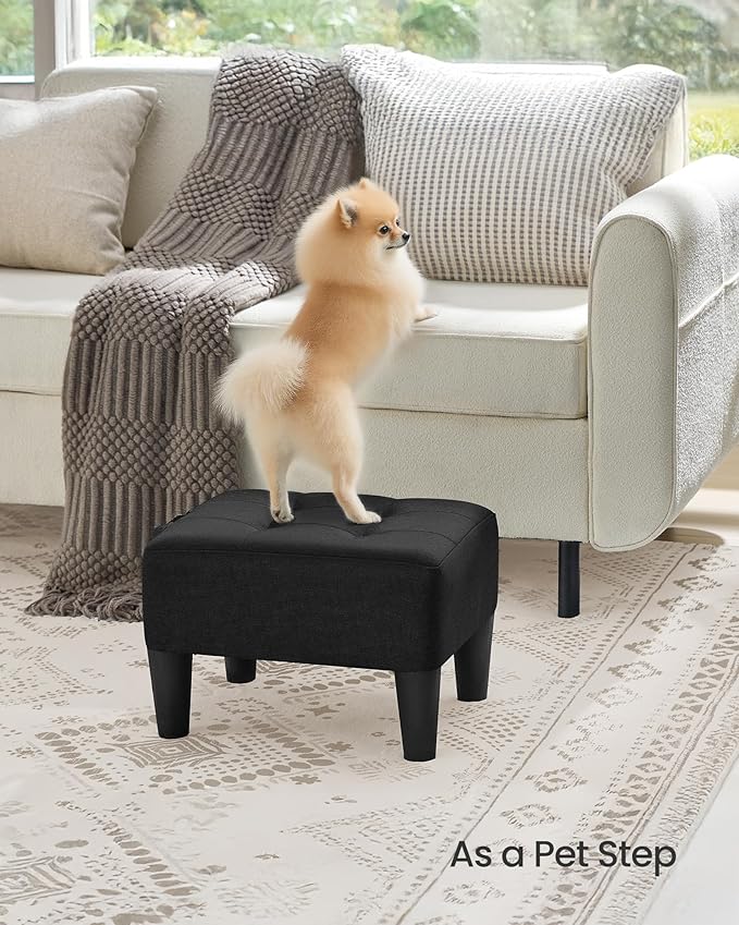 SONGMICS Foot Stool with Legs, Small Footstool Ottoman, Linen-Look Fabric Seat with Thick Cushion, for Living Room, Bedroom, Entryway, 330 lb Weight Capacity, Ink Black ULOM502B01