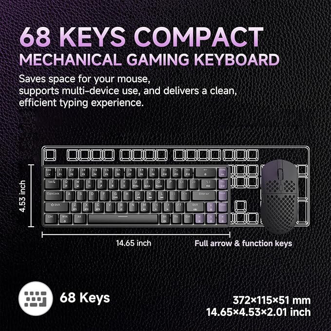 DIERYA DK68 60% Wireless Mechanical Gaming Keyboard, Triple Mode 2.4GHz/USB-C/BT5.0 with Red Switch, RGB Backlit, Anti-Ghosting Keys, 68 Keys Portable Mini Wired Office Keyboard-Black