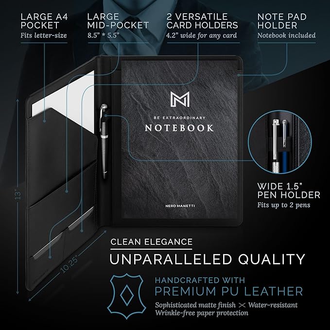 NERO MANETTI- Leather Portfolio Folder - Business PU Leather Portfolio Notepad Holder for Resumes, Legal Pad Portfolio Executive Binder, Professional Padfolio Notebook for Women/Men