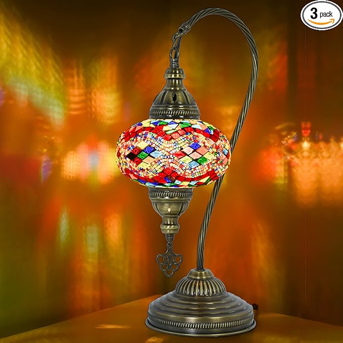 mozaist Turkish Mosaic Gooseneck Bedside Table Lamp, Handmade Boho Colorful Nightstand for Bedroom Corner, Moroccan Vintage Rustic Home Decor Desk Light with E12 Socket & US Plug (Anatolian Rug)